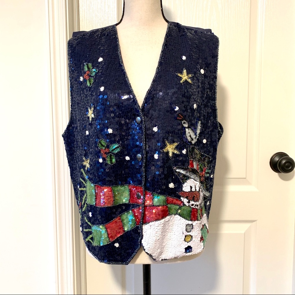 Vintage QUACKER FACTORY Navy Sequin Snowman Vest—SZ. L